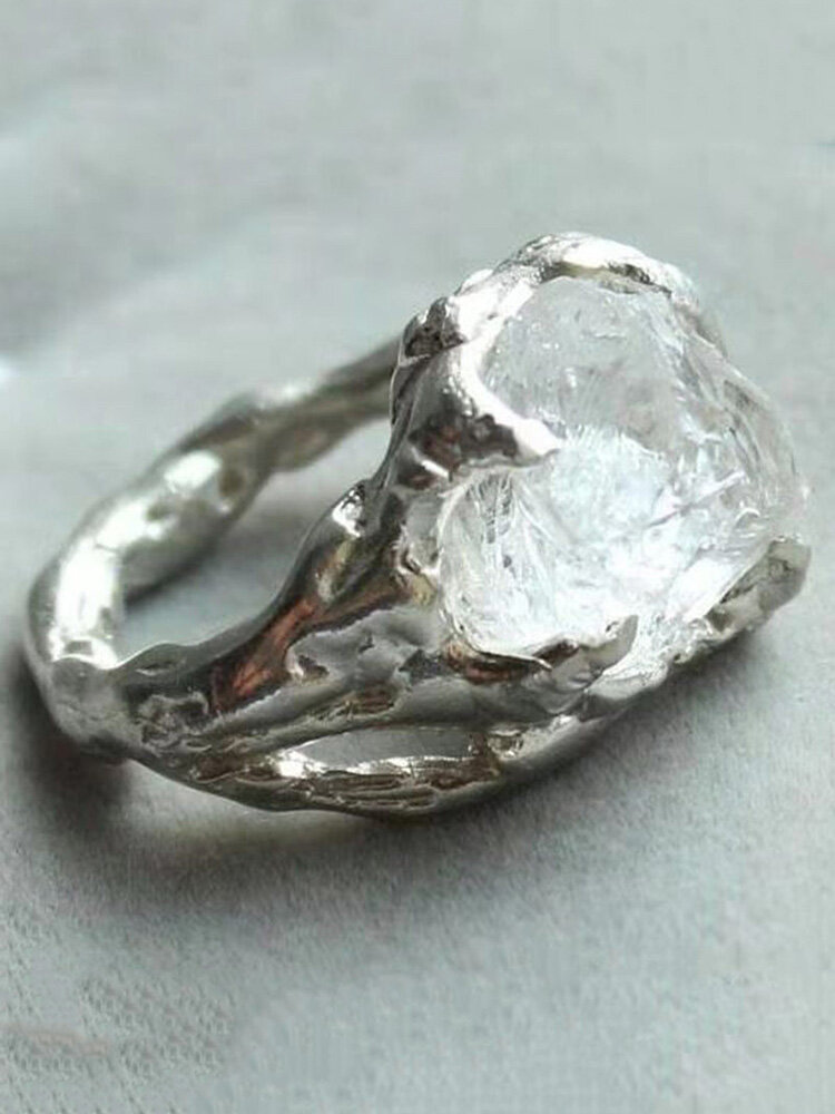 Vintage Geometric Irregular Natural Crystal Ore Ring Metal Hollow Transparent Gemstone Finger Rings
