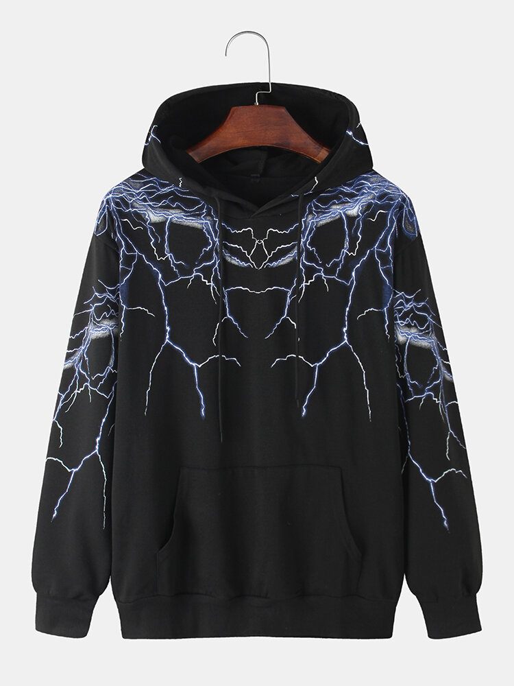 

Mens 100% Cotton Lightning Print Drawstring Hoodies With Kangaroo Pocket, Black