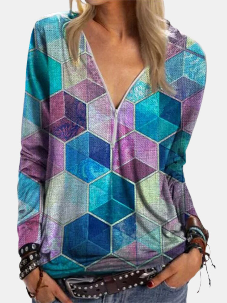 Geometric Printed Long Sleeve V-neck Zip Front Blouse For Women
