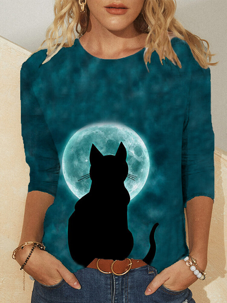 Cat Waching Moon Print Plus Size Casual T-shirt