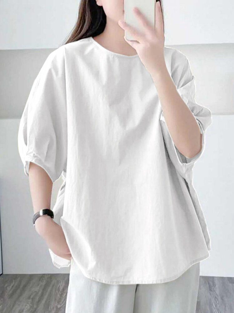 Solid Dolman Sleeve Loose Crew Neck Casual Blouse