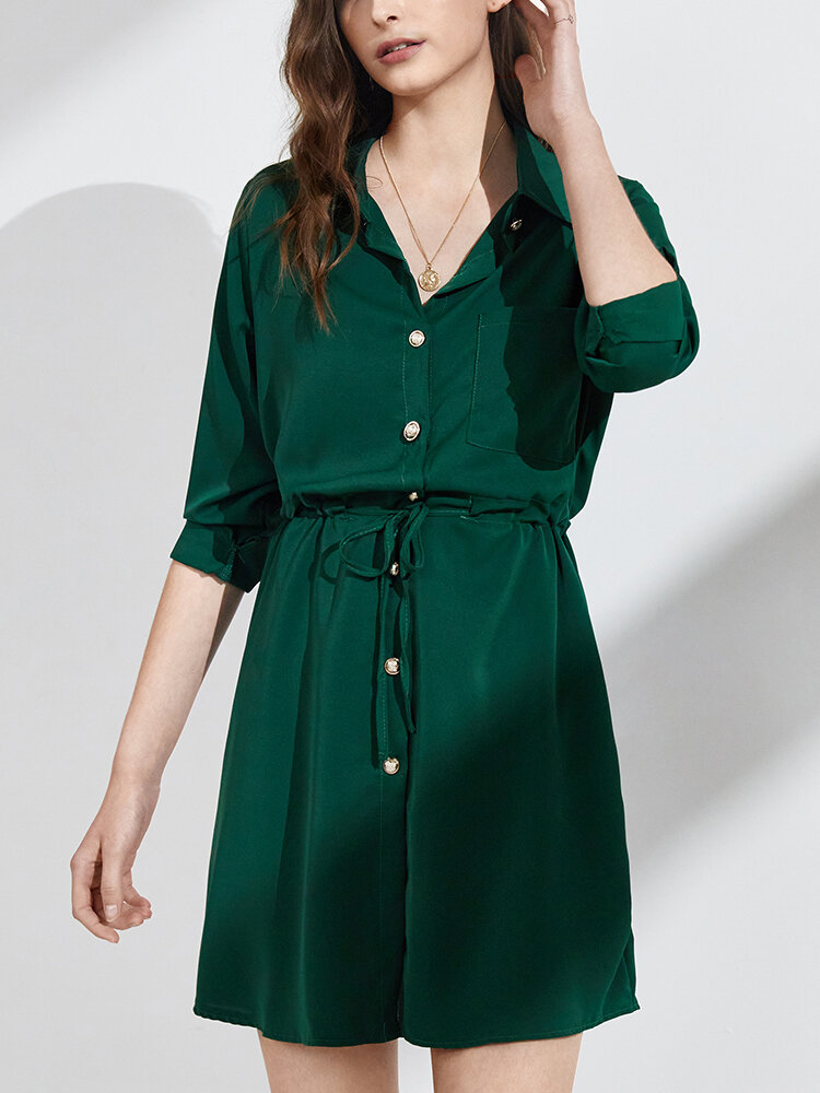 Solid Color Button Drawstring Knotted Lapel Collar Casual Dress