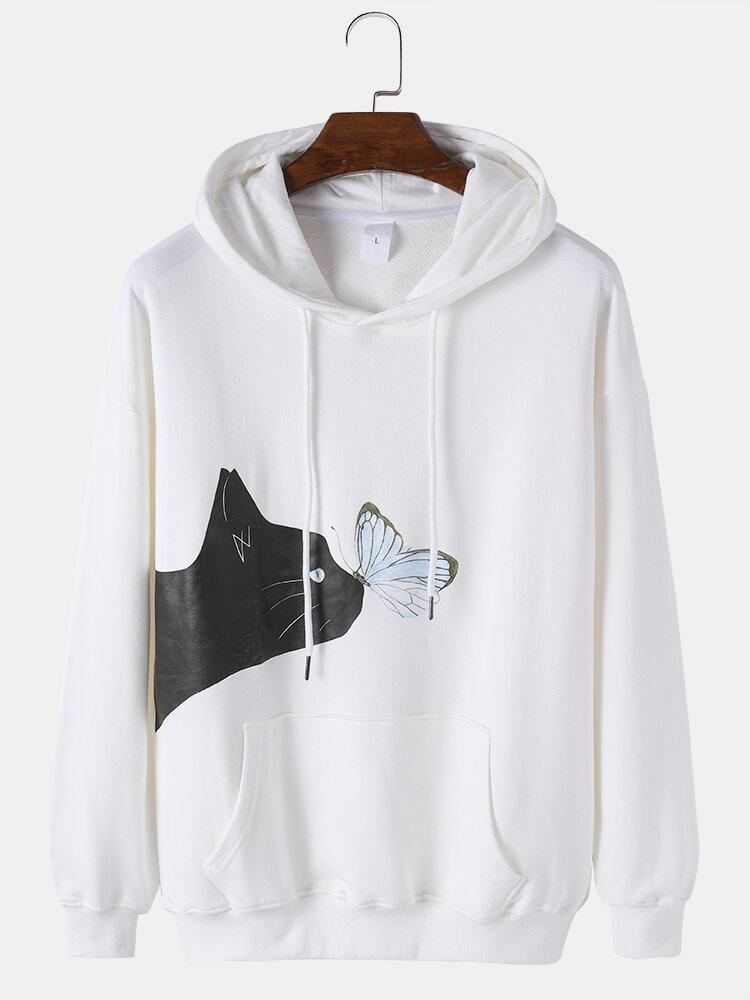 Mens Cotton Cat Butterfly Printed Casual Drawstring Hoodies With Kangaroo Pocket