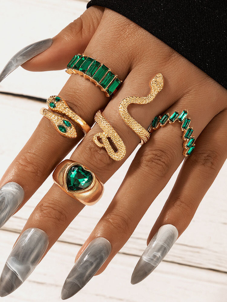 5 Pcs/Set Trendy Personality Inlaid Emeralds Snake Geometric Love Shape Alloy Rings