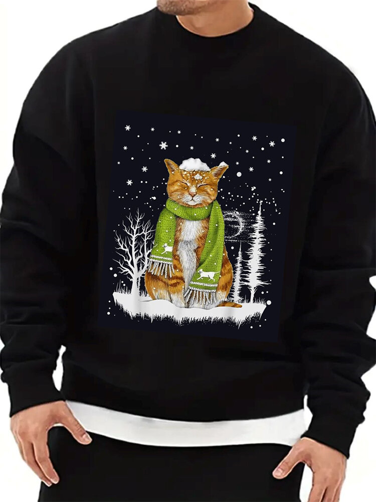 ChArmkpR Mens Christmas Snowflake Cat Print Crew Neck Pullover Sweatshirts Winter