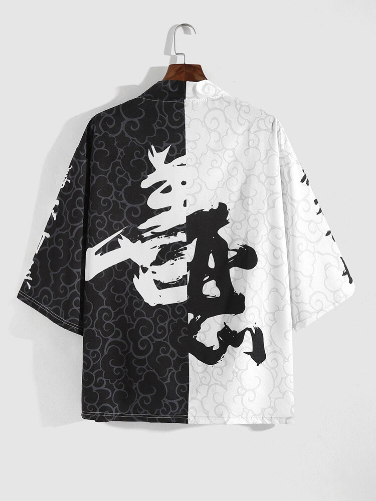 Mens Contrast Character Cloud Print Open Front 3/4 Sleeve Kimono