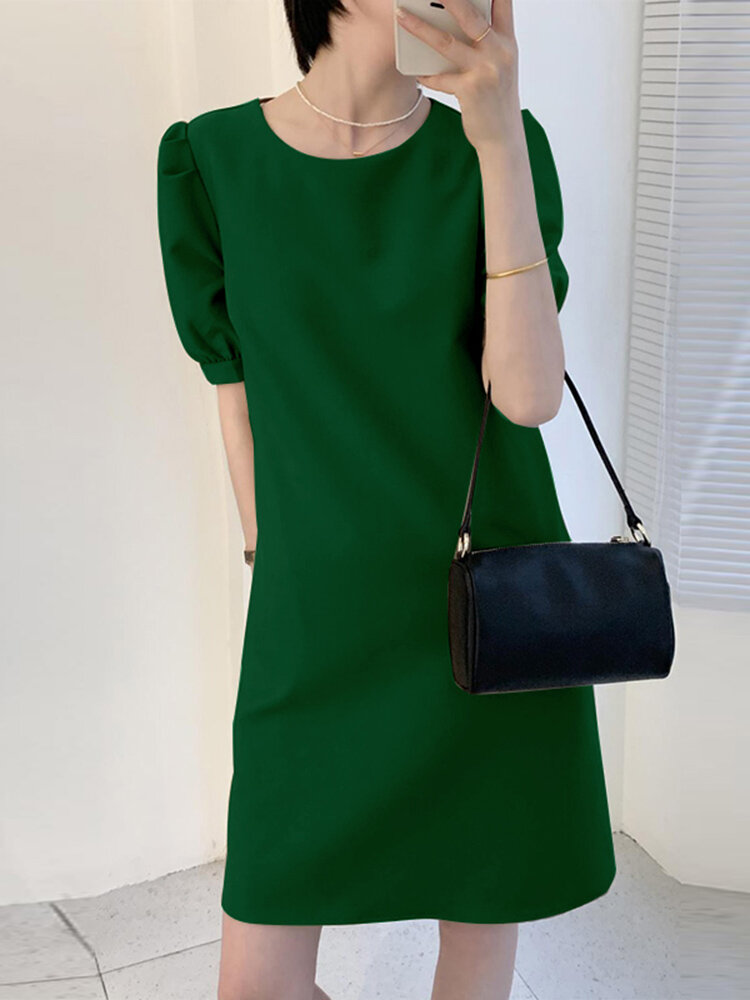 Solid Color Back Buttons Puff Sleeve Casual Dress