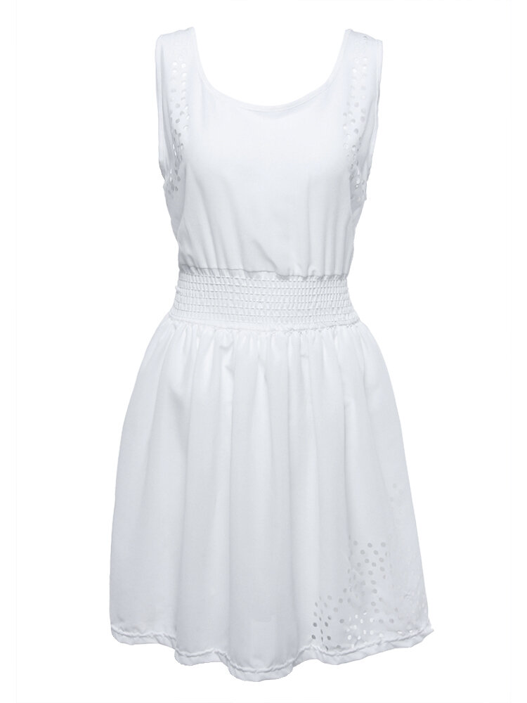 White Sleeveless Burn-out Tunic Elastic Waist Mini A-Line Dress