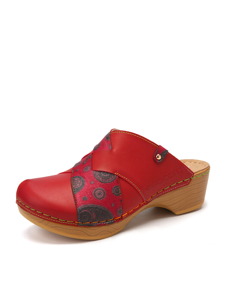 

SOCOFY Printed Cross Detail Slip On Wool Mules Clogs Comfy Wearable Low heel Sandals, Red