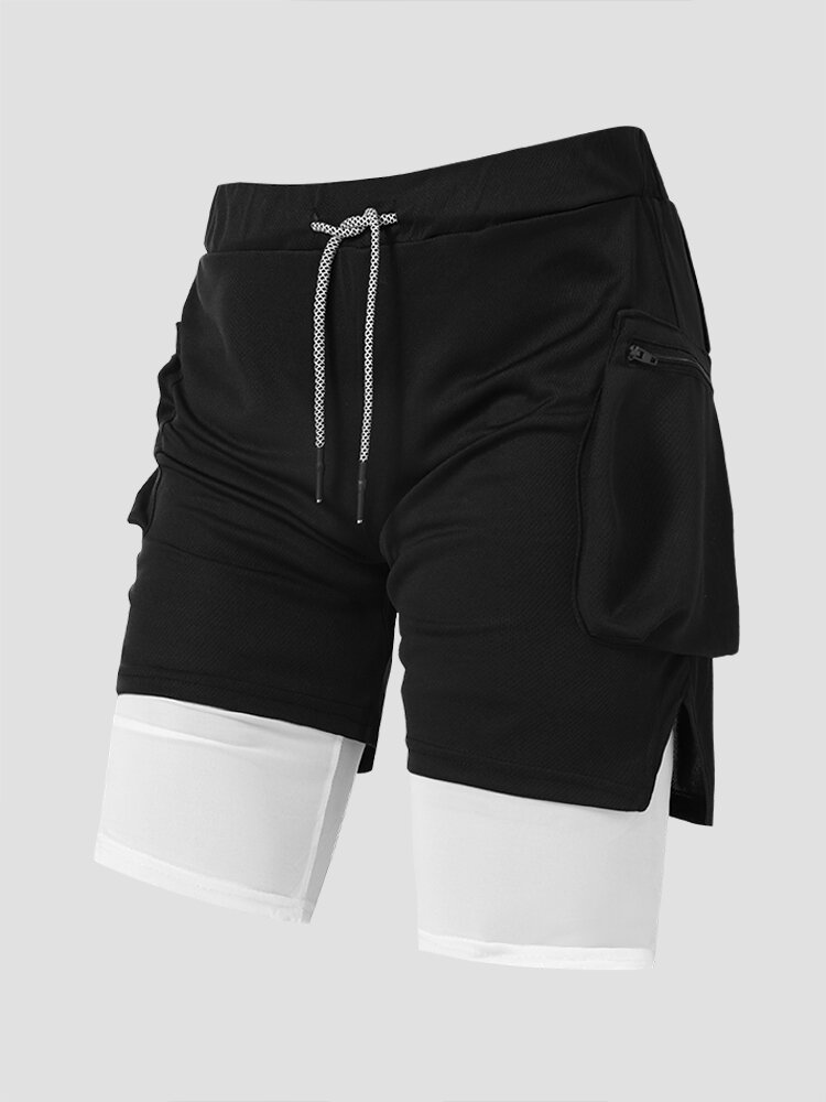Men Leggings Side Split Zip Pocket Drawstring Quick Dry Activewear Shorts
