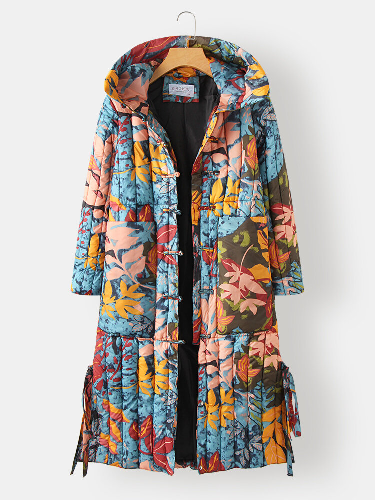 Vintage Printed Long Sleeve Hooded Knotted Coat For Women