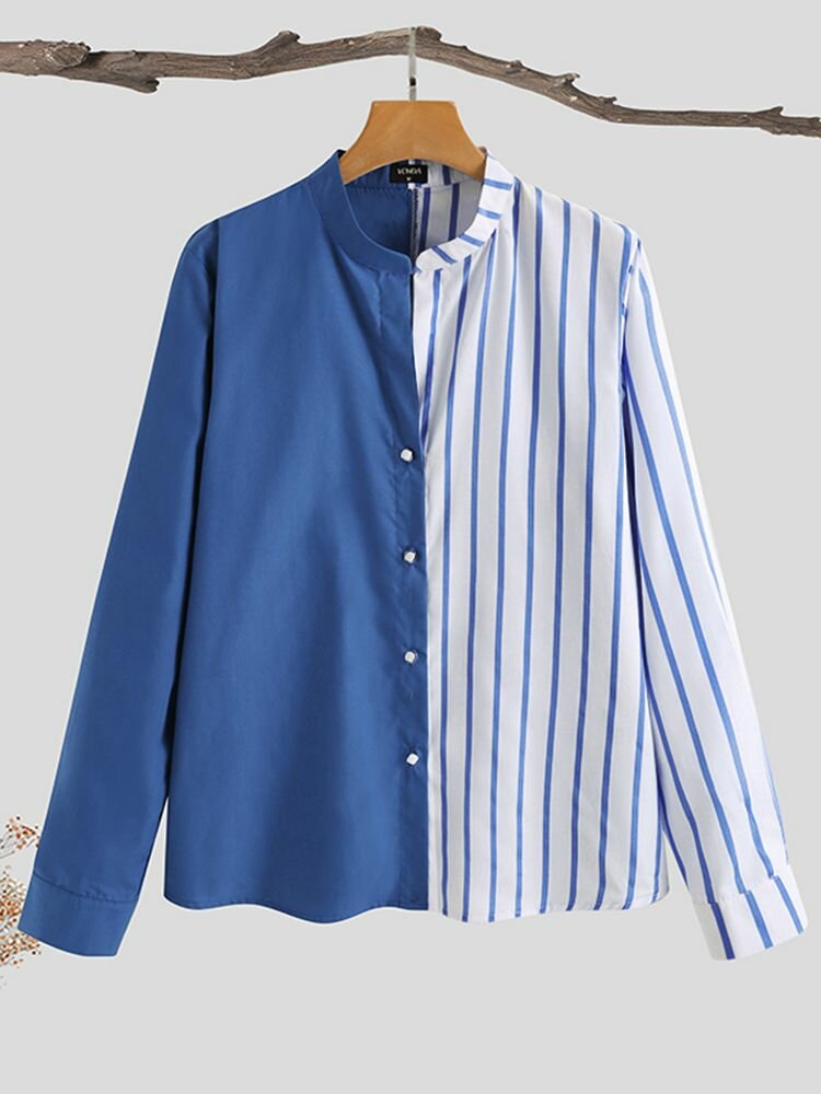 Stripe Print Stitch Button Stand Collar Long Sleeve Blouse