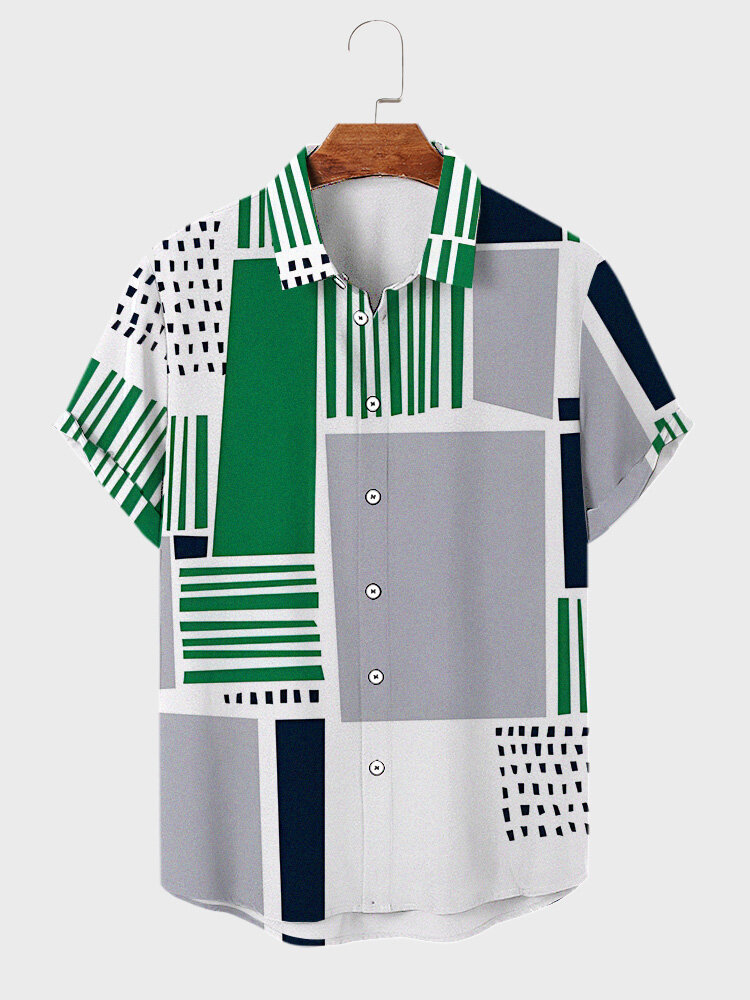 Мужские рубашки с коротким рукавом и лацканами с геометрическим принтом с цветными блоками