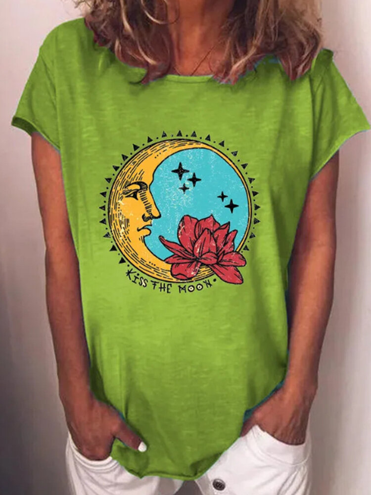 Flower Moon Print Short Sleeve Casual T-shirt For Women