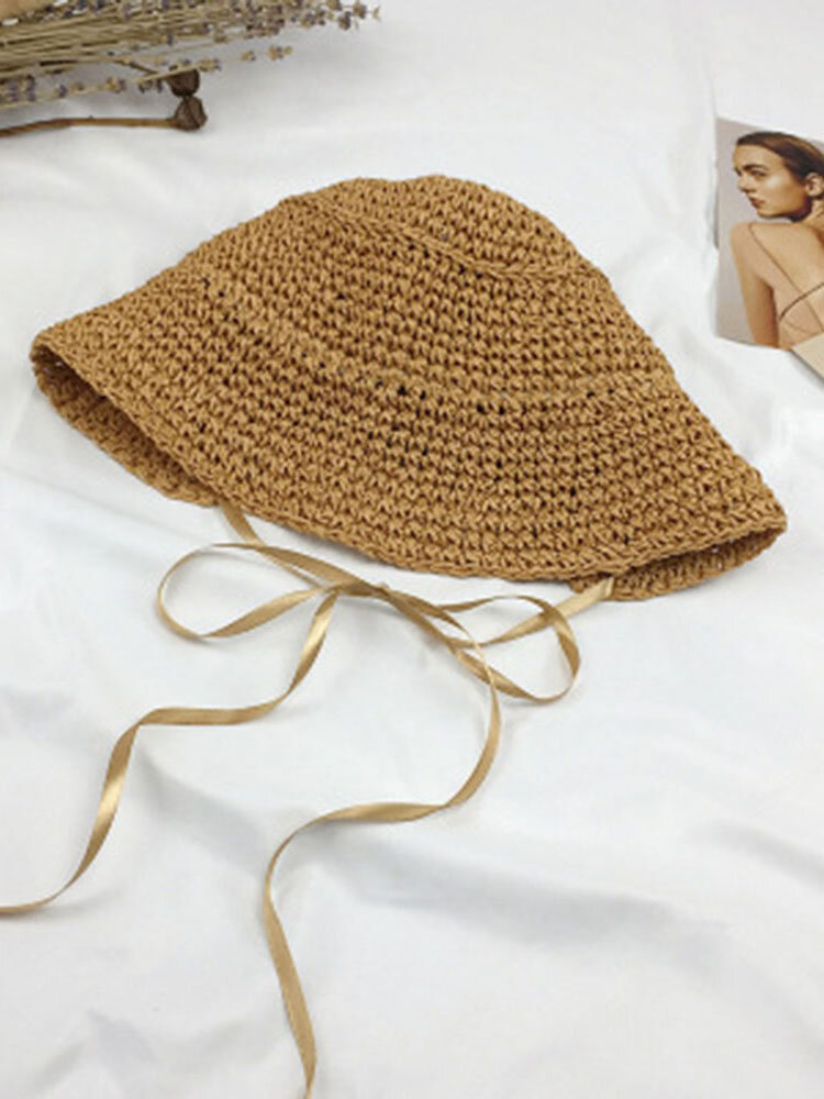 Women Retro Straw Hat straw Beach Visor Sun Hat With String