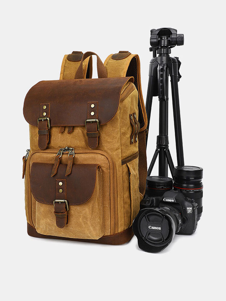 Men Genuine Leather Retro Waterproof Breathable Camera Bag Backpack