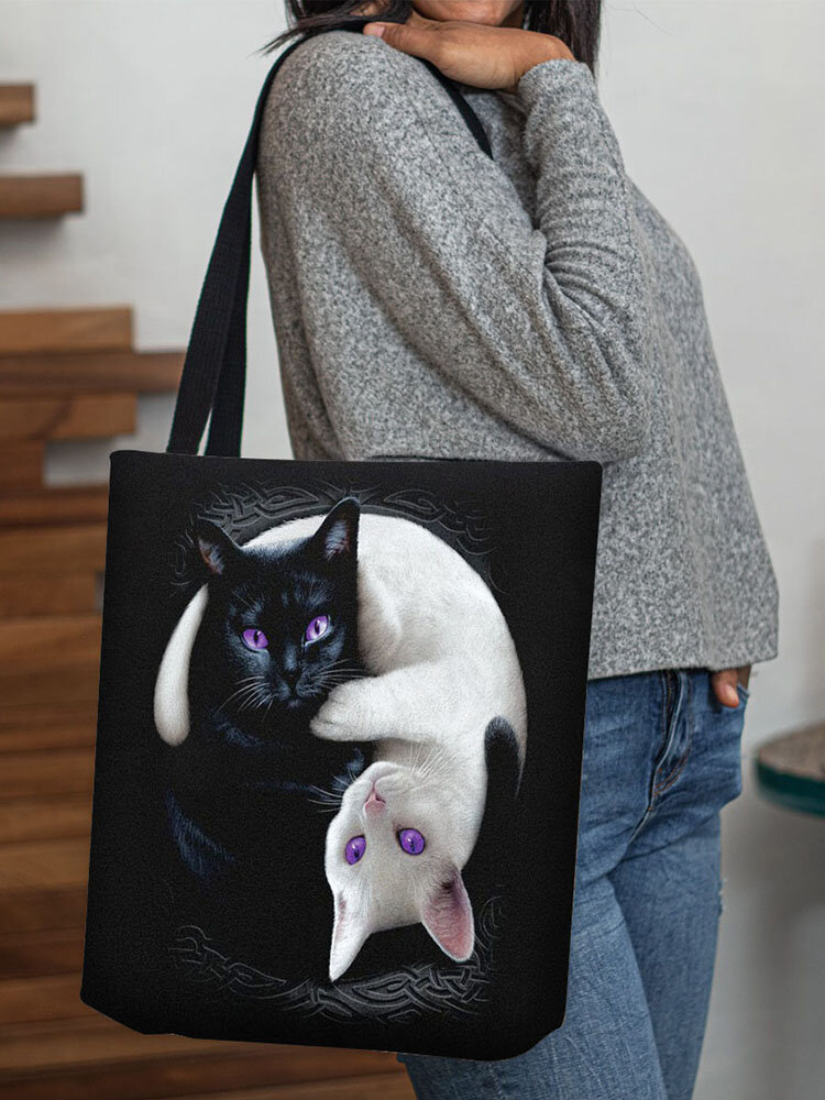 Women Black White Cats Shoulder Bag Handbag Tote