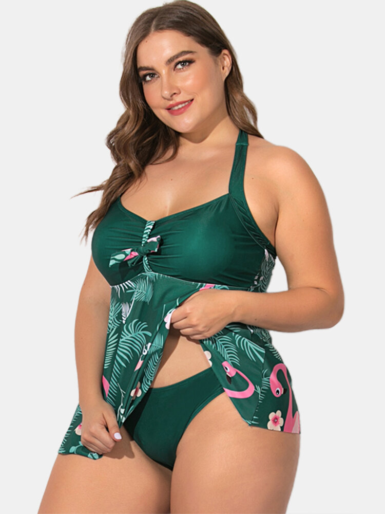 

Plus Size Swimdress Tropical Print Halter Bowknot Cover Belly Women Swimwear, Green