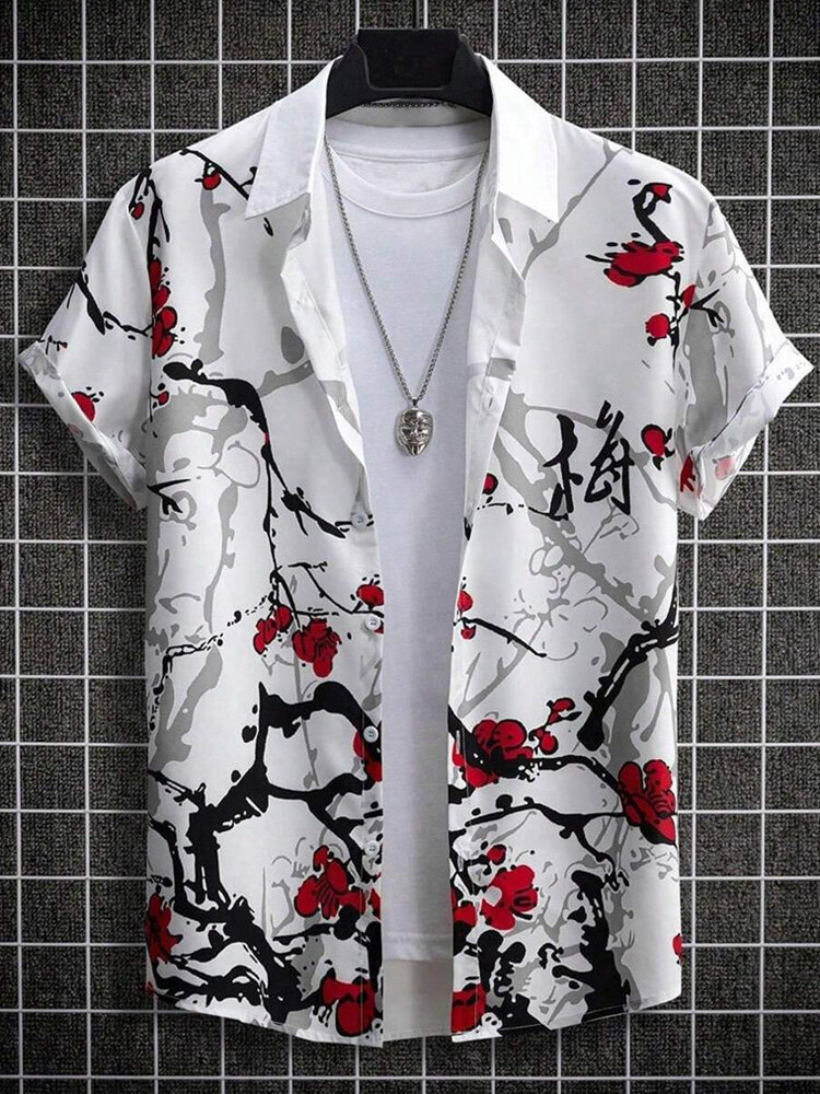 

Mens Plum Blossom Print Lapel Collar Short Sleeve Shirts, White