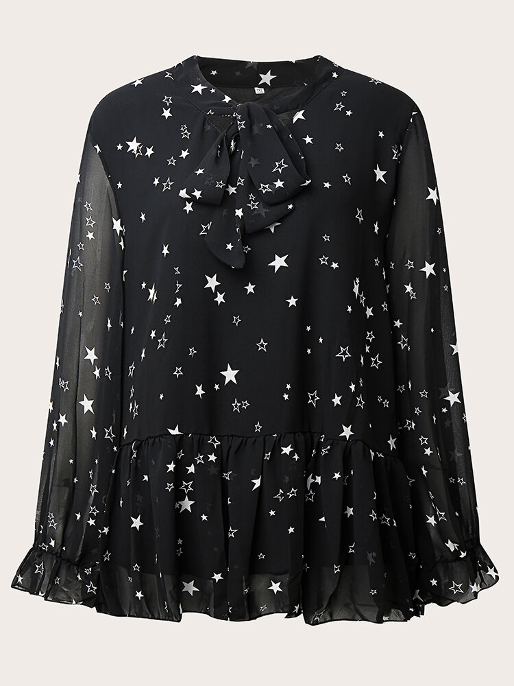 Plus Size Star Print Knotted Ruffle Sleeve Casual Blouse