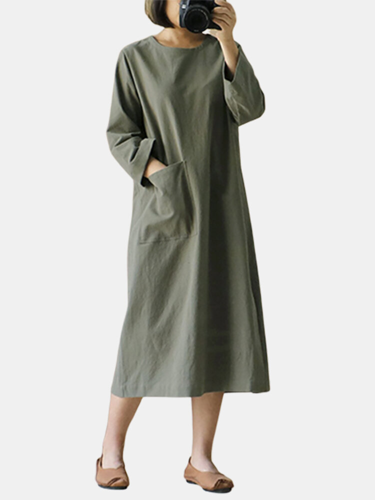 Vintage Geschlitzter Saum Große Taschen Baumwolle Plus Größe Einfarbig Kleid