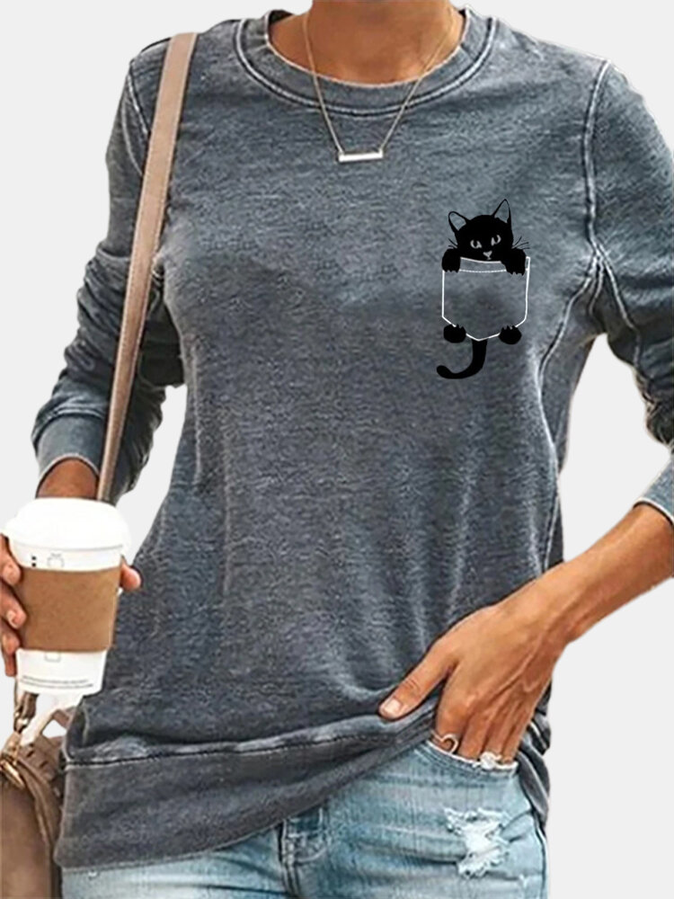 Bonito Black Camiseta com estampa de gato manga longa gola O para mulheres