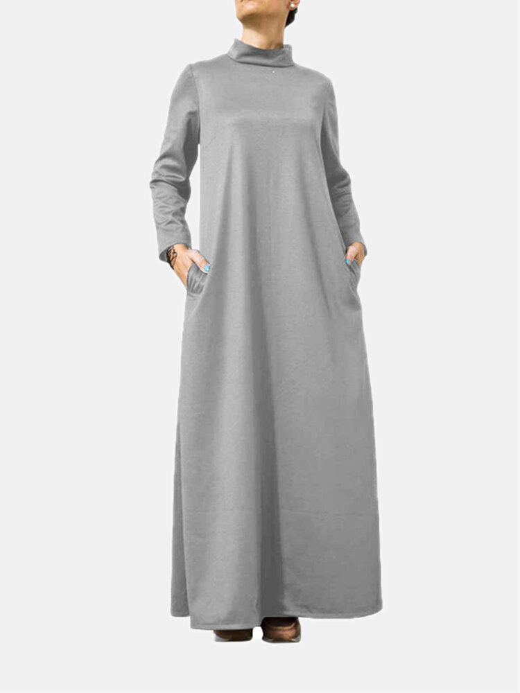 Solid Color Stand Collar Long Sleeves Casual Maxi Dress