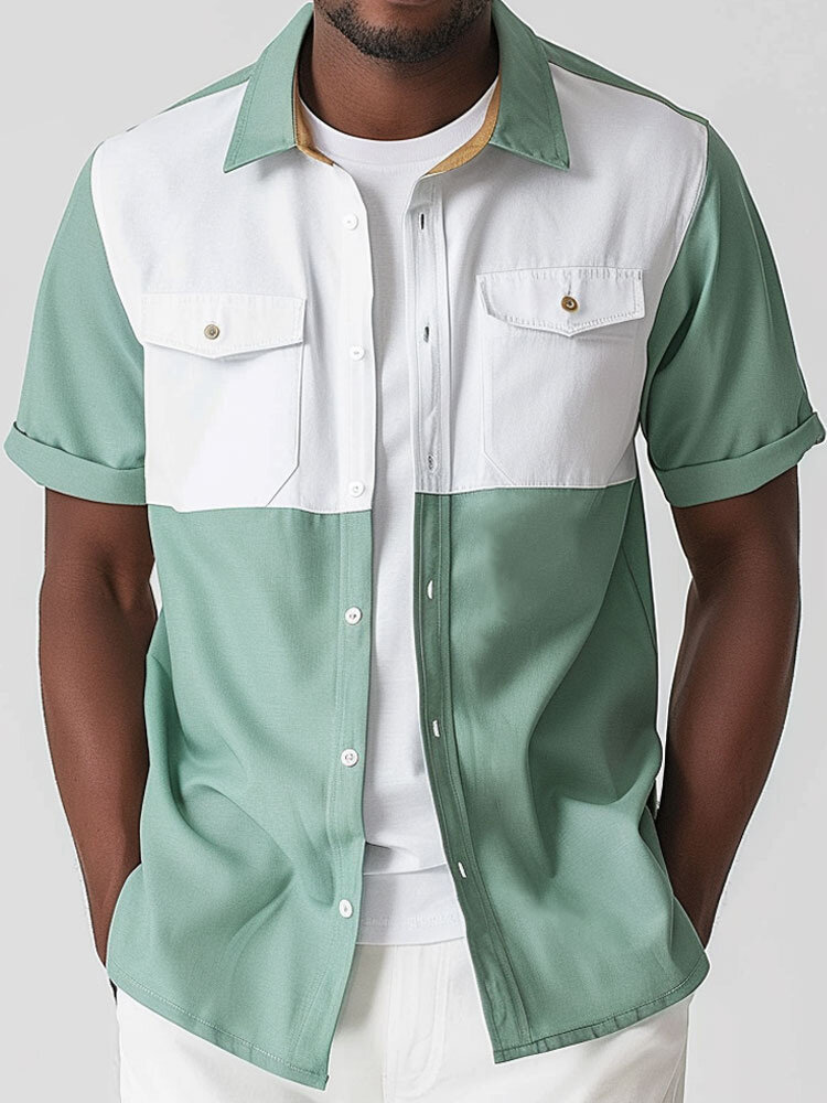 Camisas masculinas de duas cores patchwork lapela gola manga curta