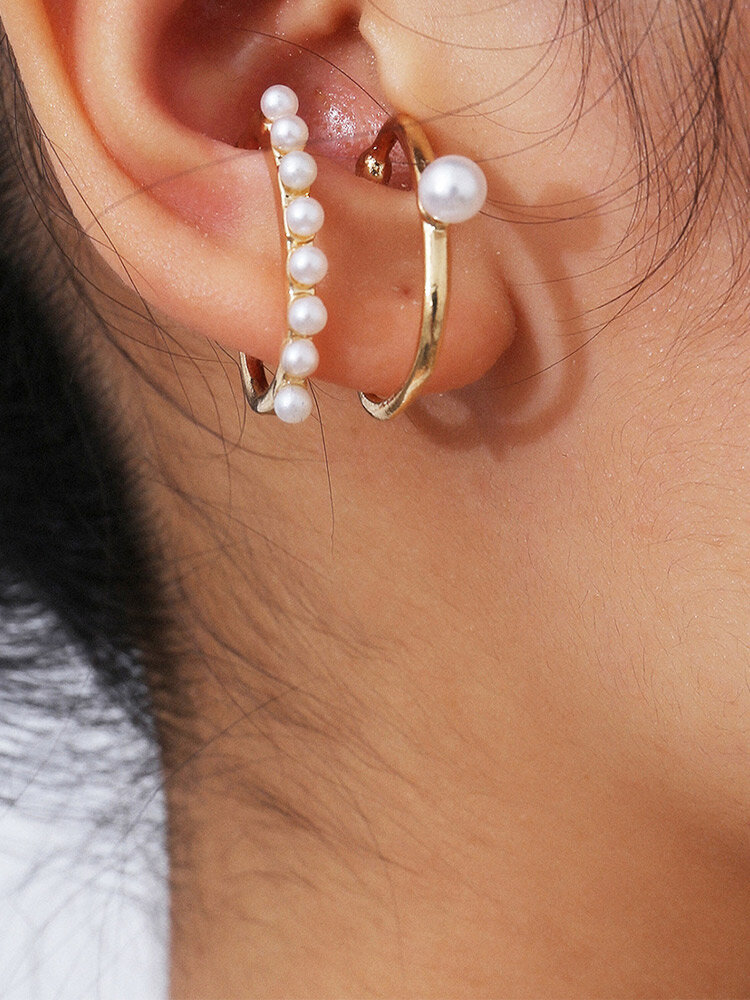 

Vintage Geometric-shaped Inlaid Artificial Pearls Aluminum Ear Clip Earrings, Gold