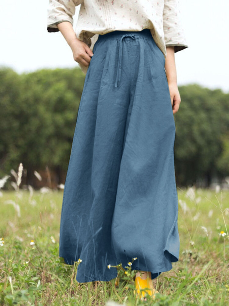 Women Solid Cotton Casual Wide Leg Pants With Pocket