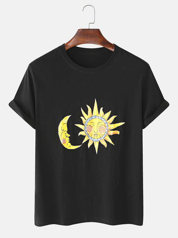 Mens Sun & Moon Print Casual Breathable Summer O-Neck T-Shirts