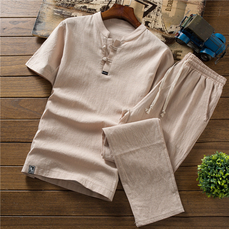 men's linen short-sleeved suit cotton and linen lay clothing casual Zen work tea service two-piece