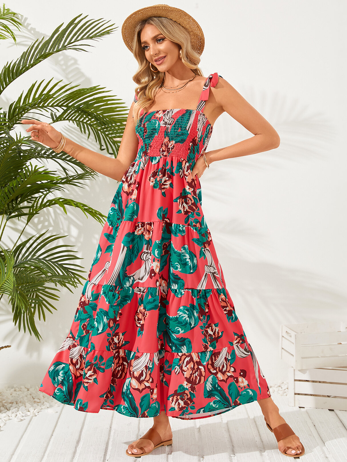Floral Print Shirring Tie-up Straps Sleeveless Maxi Dress