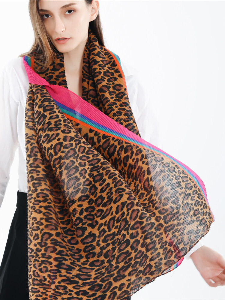 Women Leopard Pattern Pleated Striped Cotton And Linen Scarf Outdoor Casual Windproof Warm Scarf