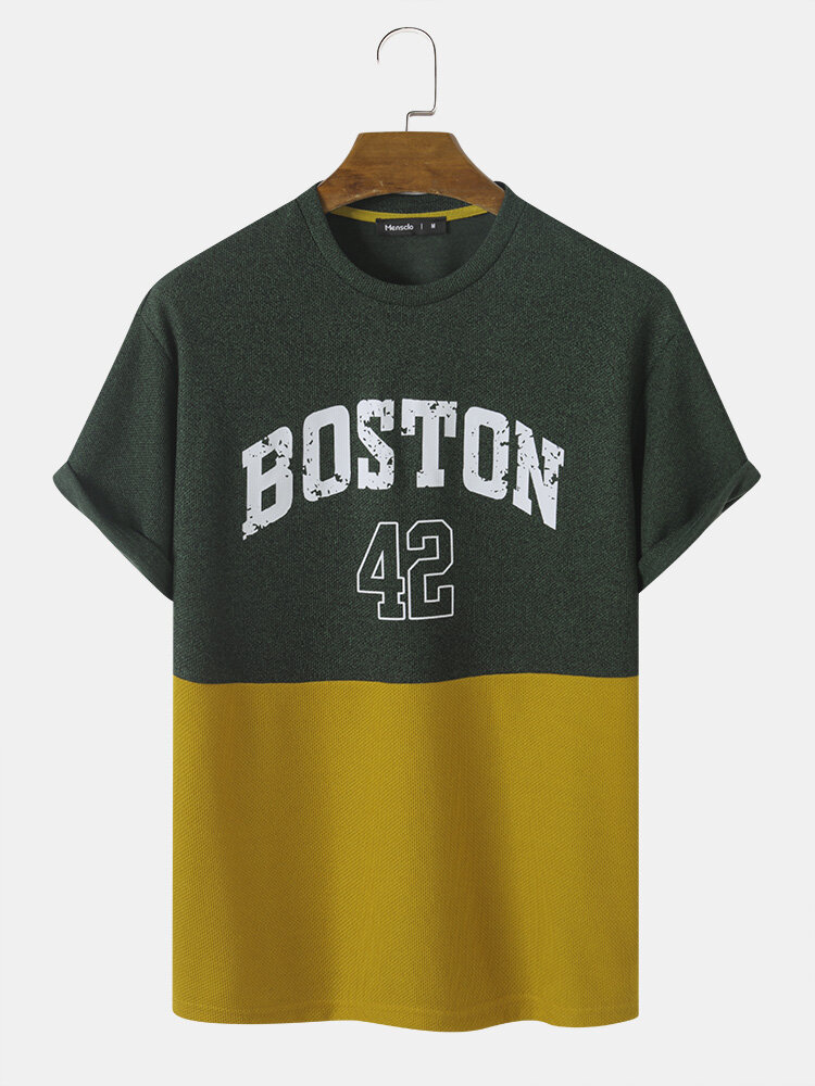 Mens Boston 42 Print Contrast Stitching Knit Short Sleeve T-Shirts