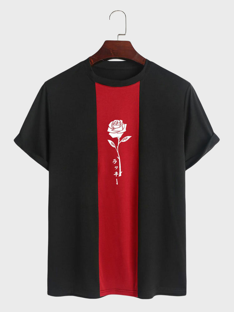 Mens Japanese Rose Print Patchwork Crew Neck Short Sleeve T-Shirts