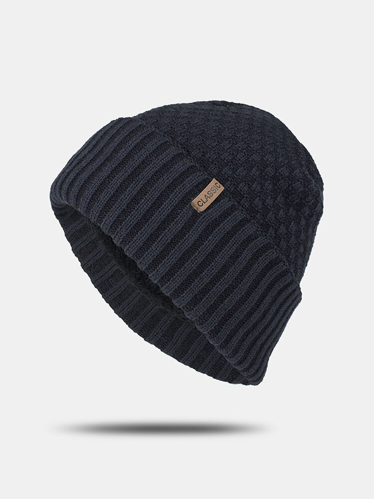 Men Acrylic Knitted Plus Velvet Solid Color Geometric Jacquard Letter Cloth Label Cuffed Brimless Beanie Hat
