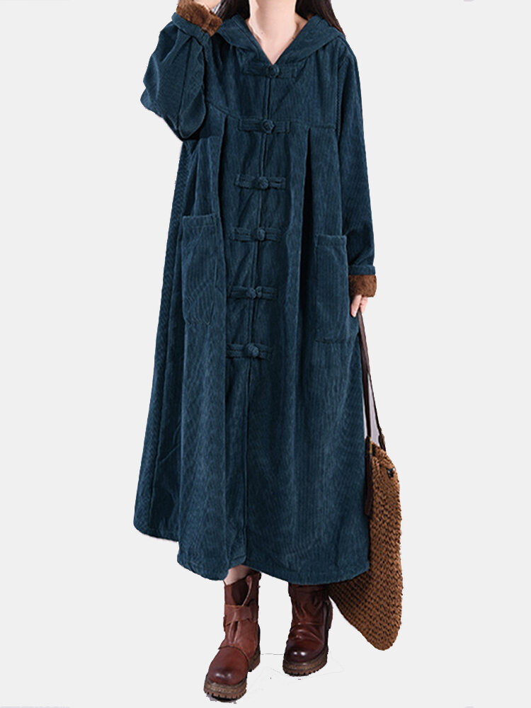Corduroy Frog Button Solid Color Hooded Maxi Coat