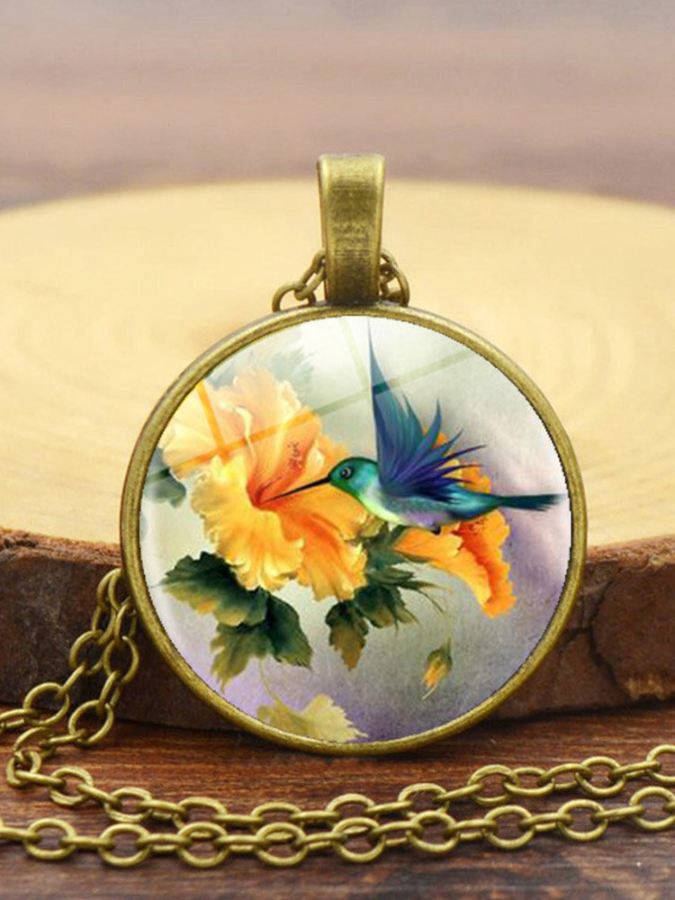 Alloy Glass Hummingbird Floral Pattern Printed Necklace Pendant For Women
