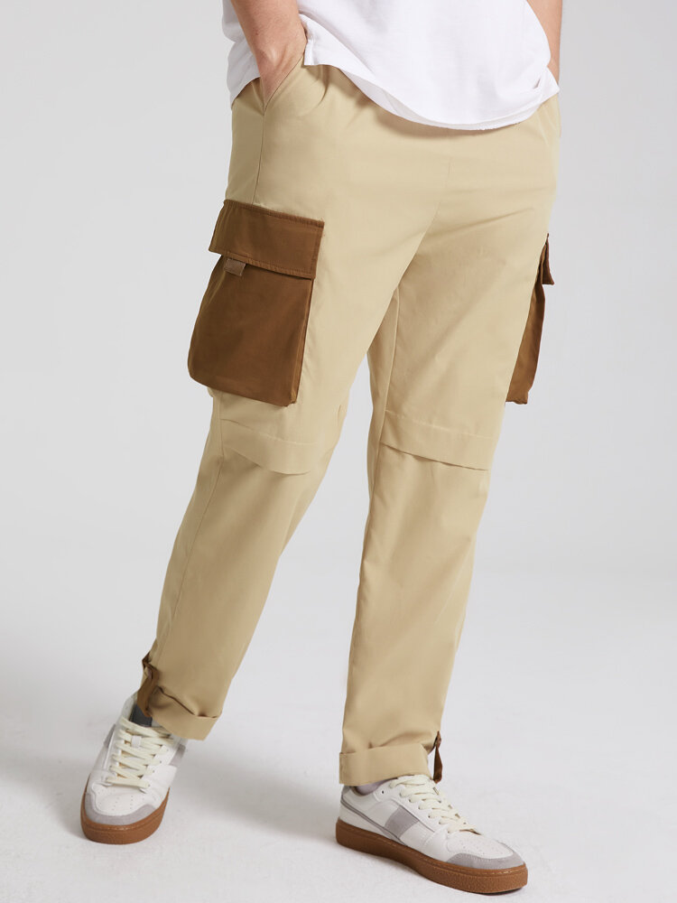 Mens Contrast Pocket Button Cuff Design Drawstring Cargo Pants