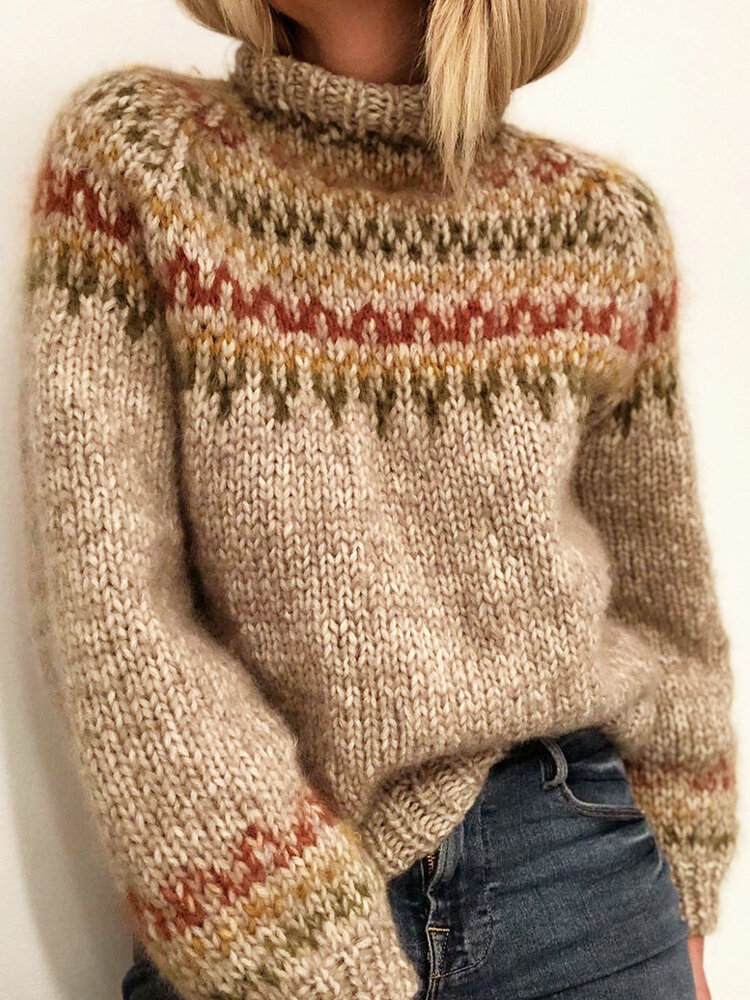 

Vintage Jacquard Printed Casual Pullover Knit Women Sweater, Gray;apricot
