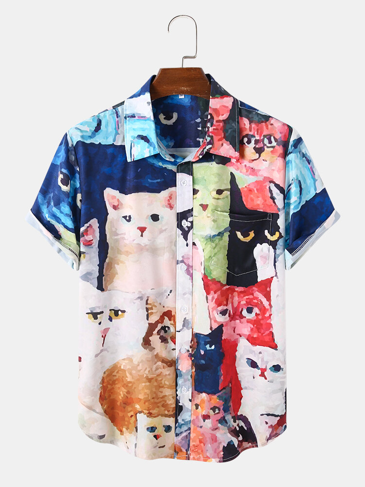 Mens All Over Cartoon Cat Print Cute Short Sleeve Shirts