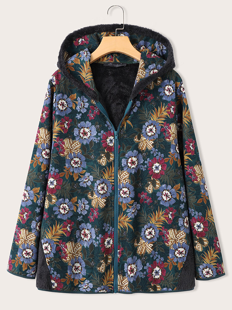 Plus Size Flower Print Zipper Pocket Patchwork Hooded Coat