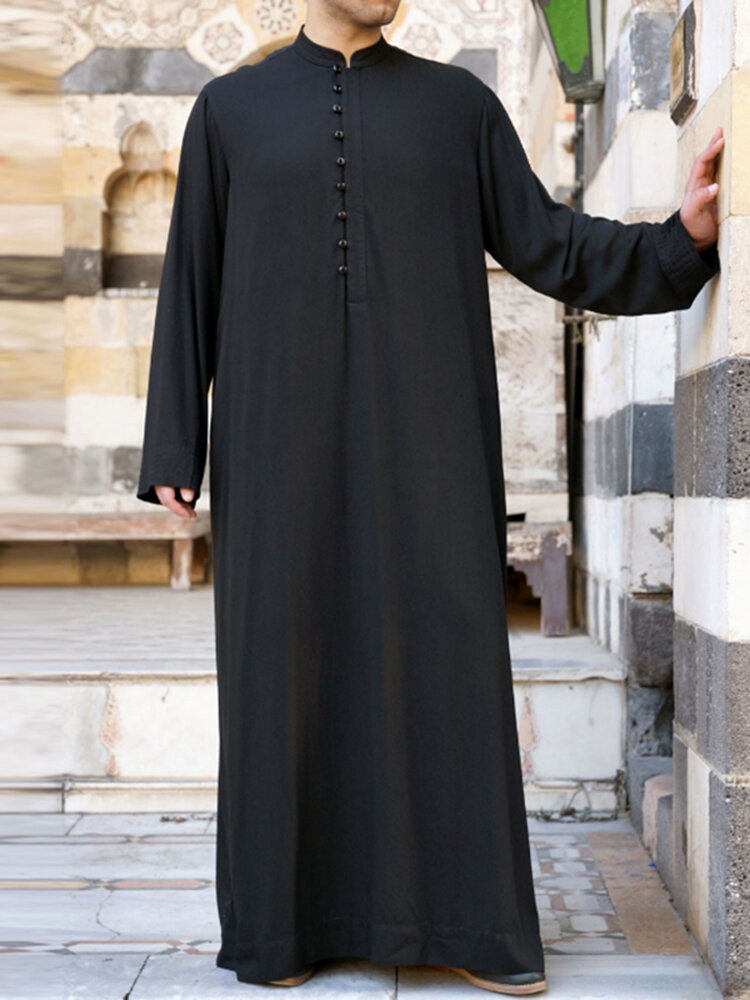 Mens Muslim Solid Long Sleeve Stand Collar Robes