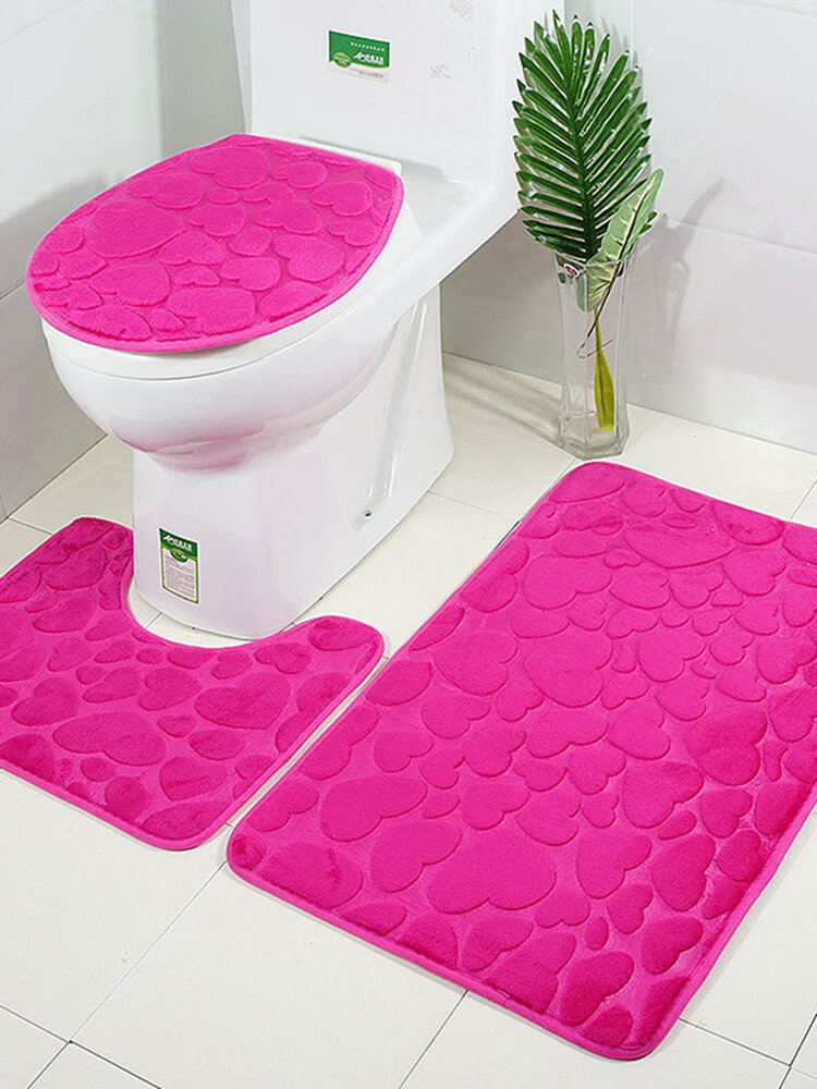 3pcs 3D Bathroom Mats Toilet Decor Bath Mat Solid Flower Anti-Skid Carpet Water Absorbent Foot Rugs