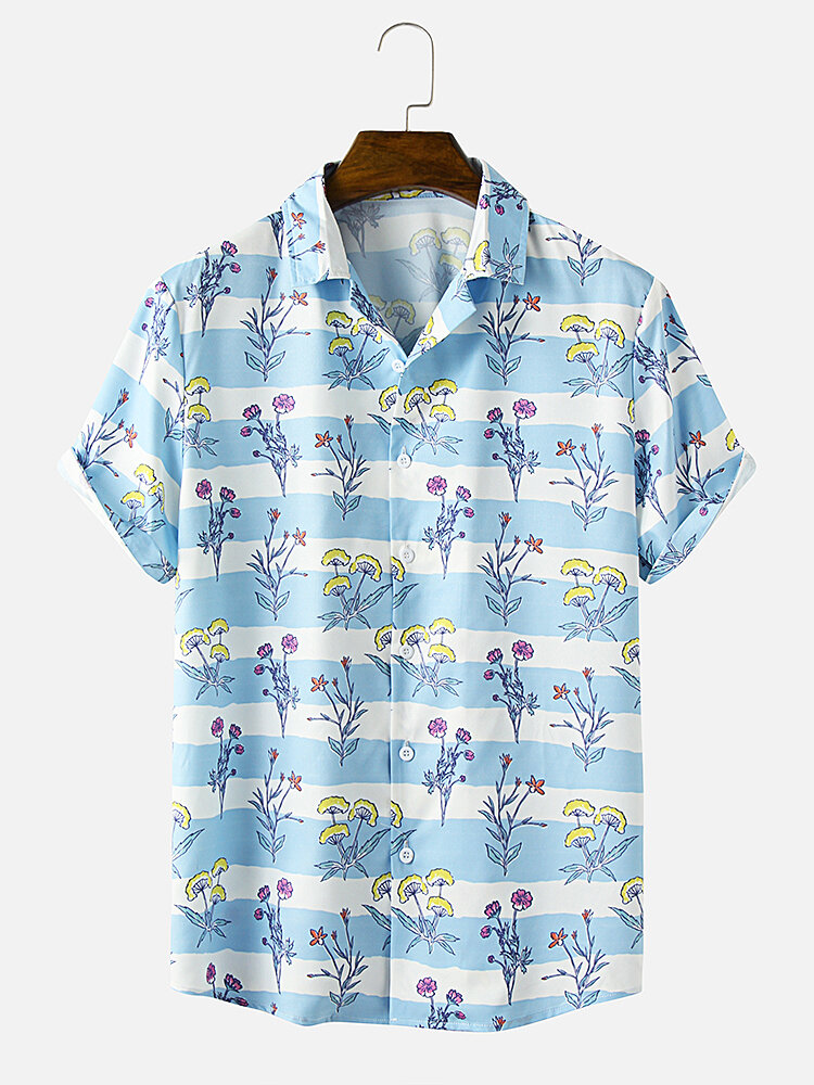 Mens Flower Horizontal Stripe Print Lapel Short Sleeve Holiday Shirts