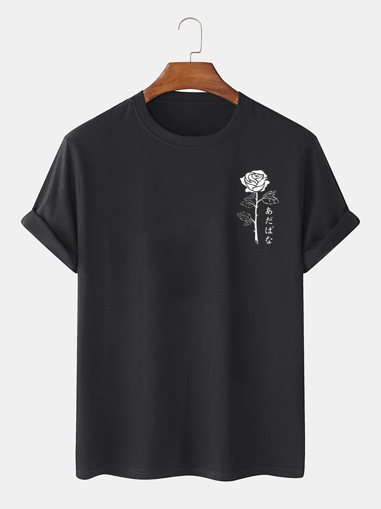 

Mens Rose Print Crew Neck Short Sleeves T-Shirts, Black