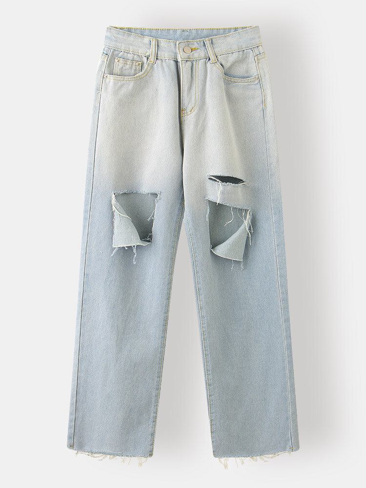 Ombre Ripped Pocket High Waist Loose Straight Leg Jeans