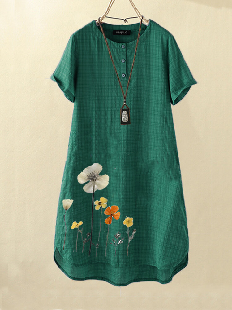 Vintage Flower Print Plaid Short-sleeved Casual Dress