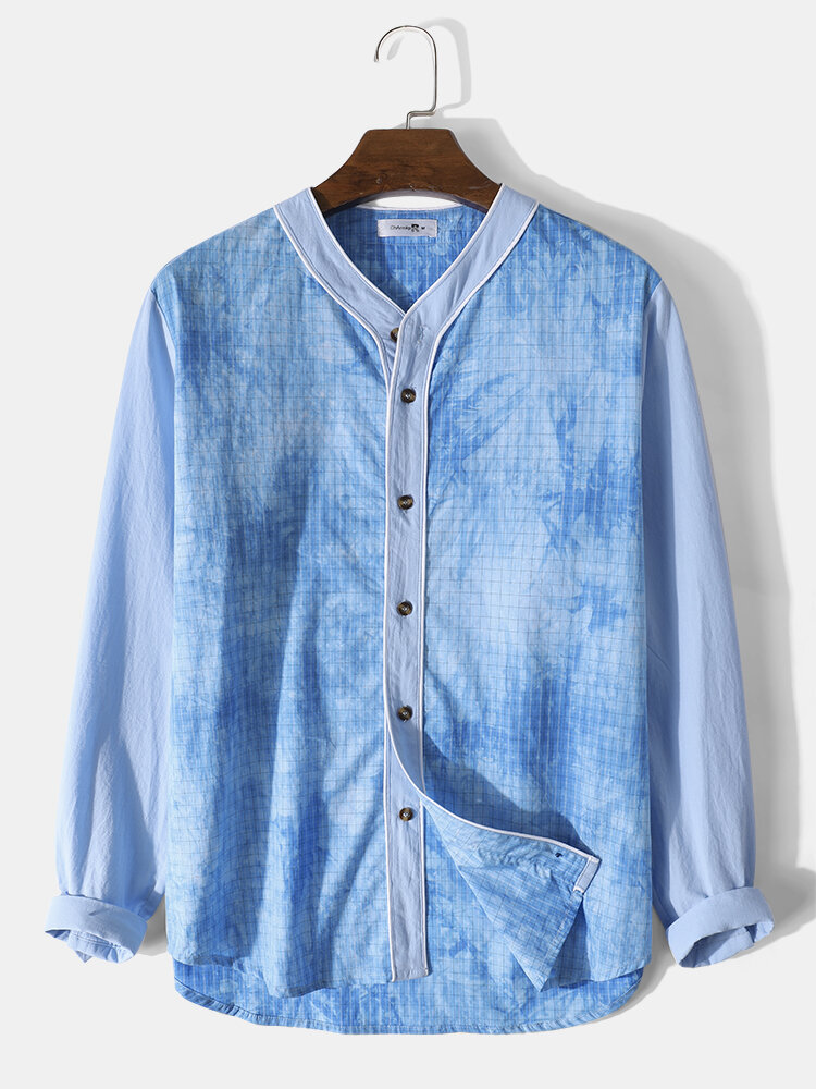 

Mens 100% Cotton Grid Ombre Print Casual Long Sleeve Shirts With Contrast Piping Baseball Jerseys, Blue
